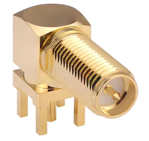 CONREVSMA002-LG: Conector RP-SMA Jack en ángulo recto (hembra), montaje en orificio pasante para PCB, dorado, cilindro extendido