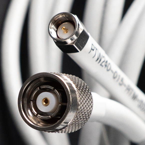 PTW240-005-RTM-SSM: 5 Feet 240 White Type Low loss Cable Assembly with Reverse Polarity TNC-Male and SMA-Male Connectors
