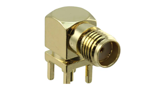 CONSMA002-G: Conector SMA Jack en ángulo recto (hembra), montaje en orificio pasante para PCB, dorado