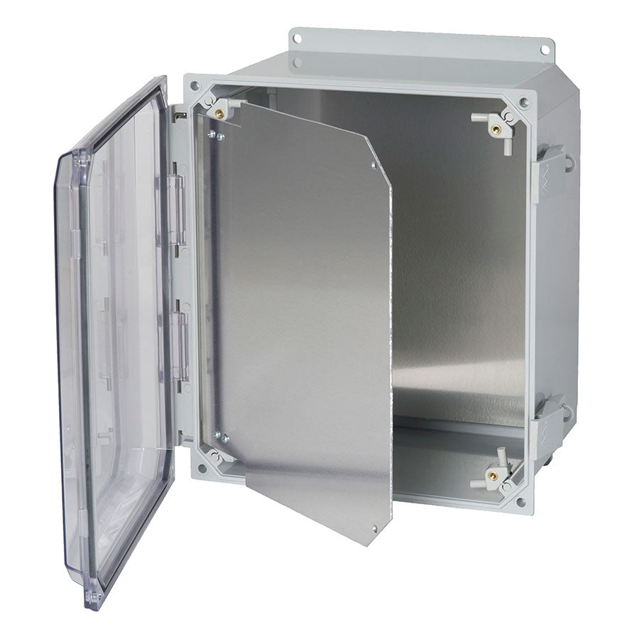 12x10 inch hinged front panel for RFMAX polycarbonate enclosures. The panel is made of aluminum, and the kit includes all necessary hardware for mounting inside the RFMAX PCE1210 enclosures. | PCE1210-HFP