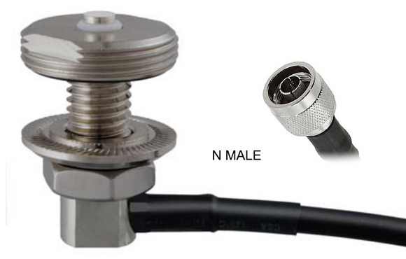Soporte de antena NMO ajustable para superficies gruesas de hasta 1/2 pulgada. Cable 195 de baja pérdida de 17 pies y N-Macho. RNMOV-195-SNM-C-17I