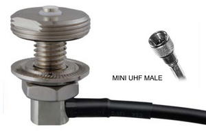 Soporte de antena NMO ajustable para superficies gruesas de hasta 1/2 pulgada. Cable 195 de baja pérdida de 17 pies y Mini UHF macho/Mini-PL259/MPL. RNMOV-195-MUM-C-17I