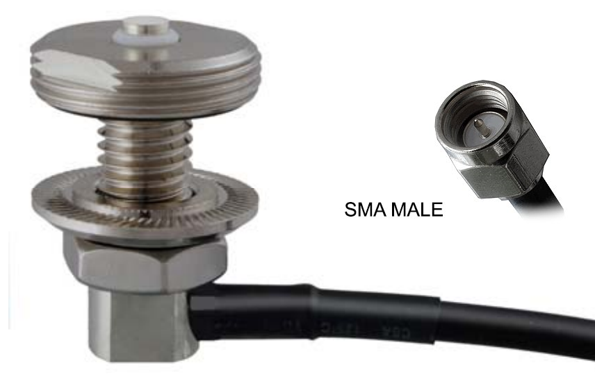 Soporte de antena NMO ajustable para superficies gruesas de hasta 1/2 pulgada. Cable 195 de baja pérdida de 17 pies y SMA macho. RNMOV-195-SSM-C-17I