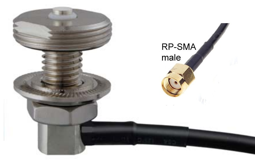 Soporte de antena NMO ajustable para superficies gruesas de hasta 1/2 pulgada. Cable 195 de baja pérdida de 17 pies y RP SMA-macho. RNMOV-195-RSM-C-17I