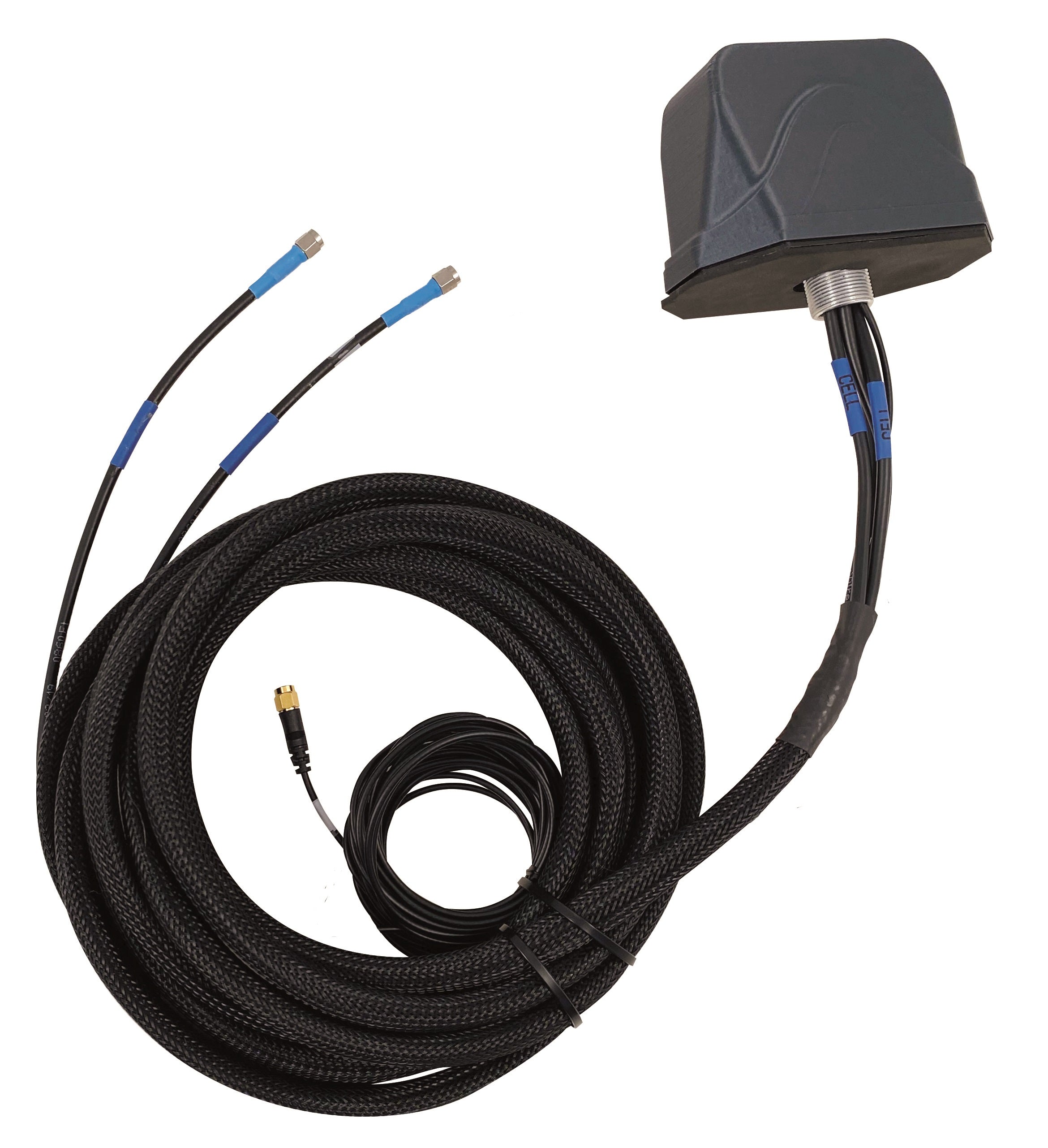 MIMO LTE and GNSS Vehicular Antenna Direct Mount with 18ft Cables, 2 Thick Foam Pads, 3x SMA-Male Connectors | RM2D-G44-18-SSS-B
