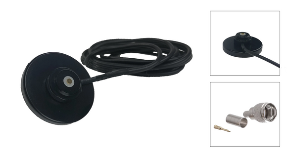 Soporte NMO magnético negro con 12 pies. Cable RG-58/U y conector de engarzado macho Mini UHF incluidos pero no instalados