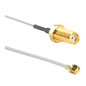 CSI-SGFB-100-UFFR: SMA Gold Jack (Female) Bulkhead (CONSMA005B-G-1.13) to Right Angle MHF/U.FL Compatible Jack (CONUFL012-1.13) with 100mm of 1.13mm Cable