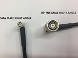 PT195-020-RTMRA-SSMRA: 50 Ohm (Black) LMR195 Type equivalent Type Coaxial Cable. 20 Feet With Reverse Polarity TNC Male - Right Angle And Standard SMA Male - Right Angle